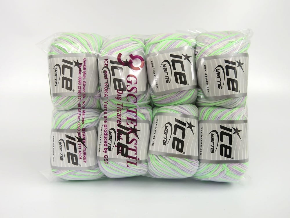 8x50gr. LORENA PASTEL Beyaz, Leylak, Açık Mavi, Neon Yeşil Akrilik, Pamuk Yazlık İplikler, Pamuk, Batik Desenli, Akrilik