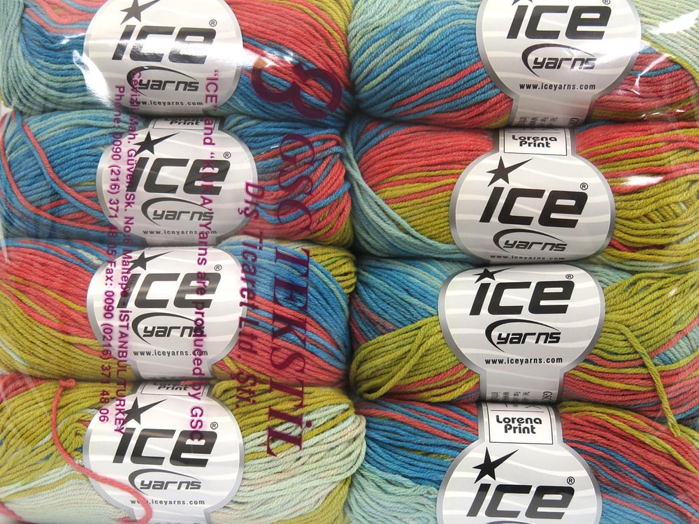 8x50gr. LORENA PRINT Turkuaz, Altın, Yeşil Tonları, Somon Akrilik, Pamuk Yazlık İplikler, Pamuk, Batik Desenli