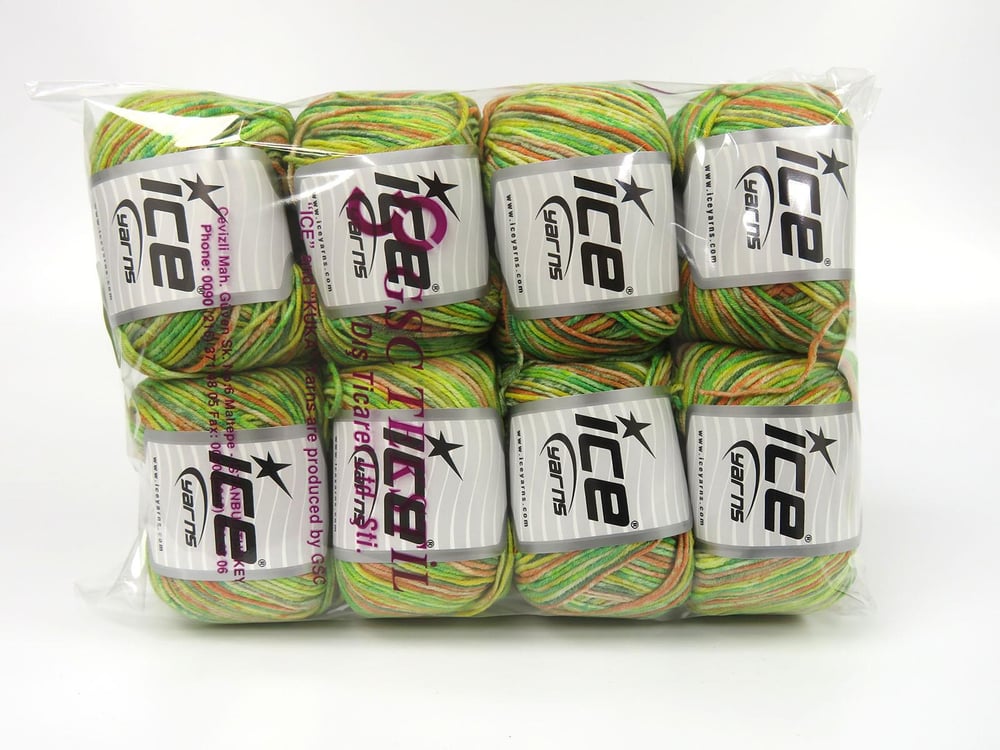 8x50gr. LORENA SPLASH Turuncu, Sarı, Yeşil Tonları Akrilik, Pamuk Yazlık İplikler, Pamuk, Batik Desenli, Akrilik