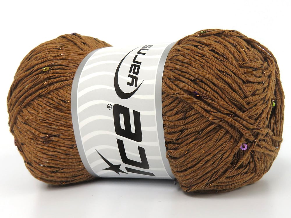 Lot of 3 x 100gr Skeins Ice Yarns NATURAL COTTON PAILLETTE (85%Cotton 5% Paillette) Yarn Brown