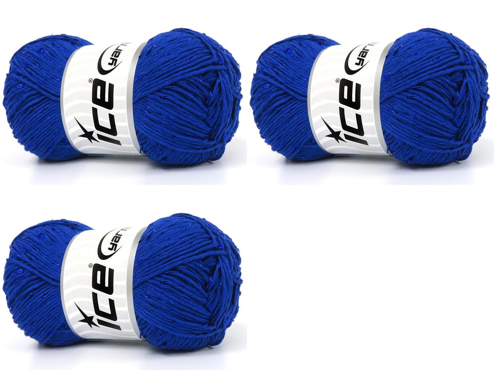 Lot of 3 x 100gr Skeins Ice Yarns NATURAL COTTON PAILLETTE (85%Cotton 5% Paillette) Yarn Blue