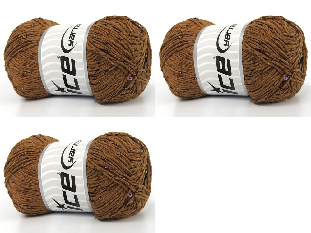 Lot of 3 x 100gr Skeins Ice Yarns NATURAL COTTON PAILLETTE (85%Cotton 5% Paillette) Yarn Brown
