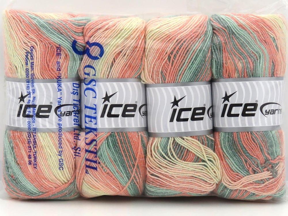 4x100gr. MAGIC GLITZ Yeşil Tonları, Somon Tonları Simli, Akrilik Metalik Simli, Kışlık, Bebe, Batik Desenli