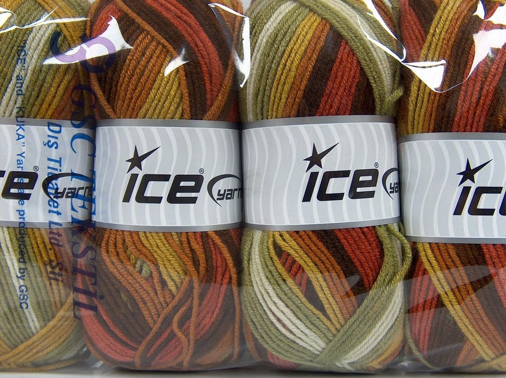 4x100gr. NICE BABY Kahverengi, Altın, Yeşil Tonları, Bakır Premium Akrilik Kışlık, Bebe, Batik Desenli, Worsted, 100% Akrilik