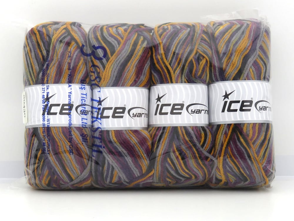 4x100gr. PARTY Siyah, Gri, Altın, Mor Tonları Akrilik Kışlık, Batik Desenli, Worsted, 100% Akrilik