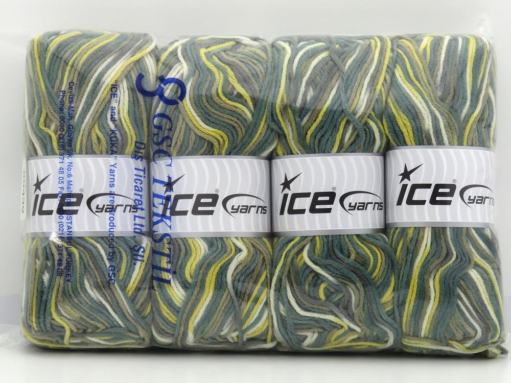 4x100gr. PARTY Krem, Sarı, Yeşil Tonları Akrilik Kışlık, Batik Desenli, Worsted, 100% Akrilik