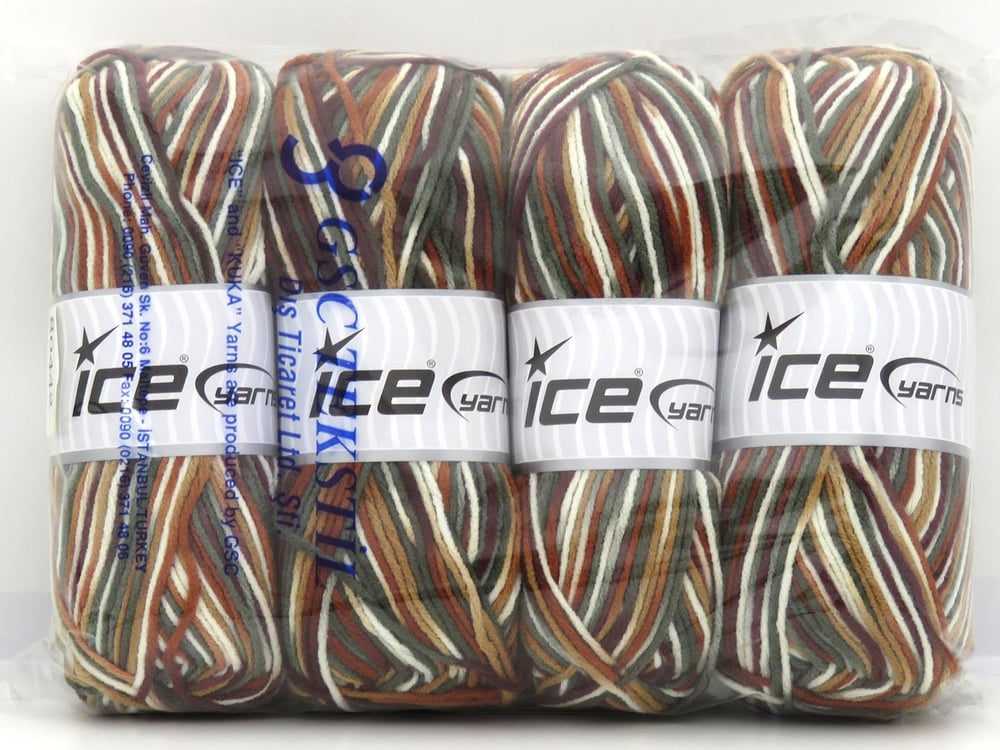 4x100gr. PARTY Yeşil, Beyaz, Kahverengi Tonları Akrilik Kışlık, Batik Desenli, Worsted, 100% Akrilik