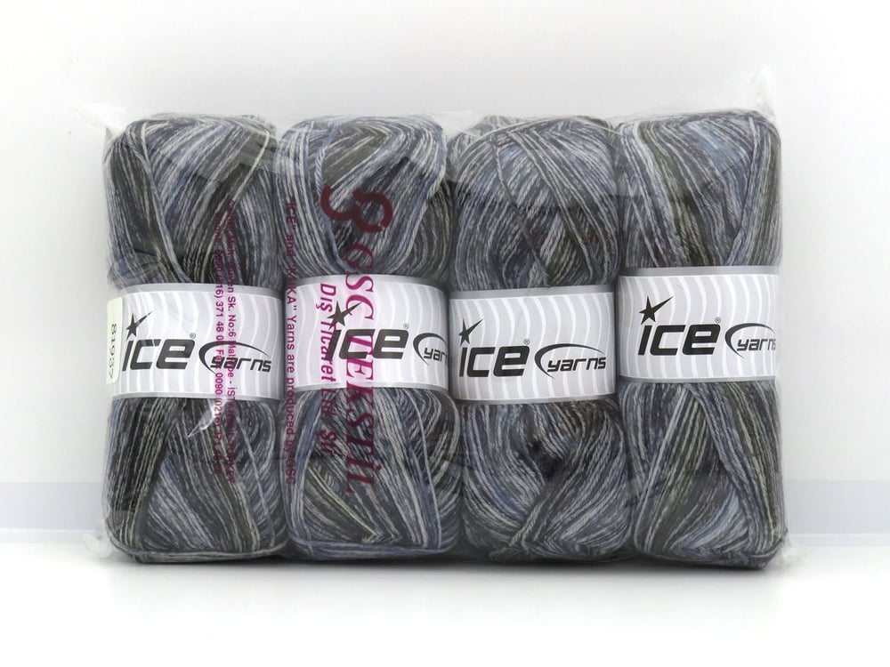 4x100gr. SOCK VARICOLOR Siyah, Mavi Tonları, Gri Tonları  Kışlık, Çok İnce, Yün, Batik Desenli, Makina Yıkama