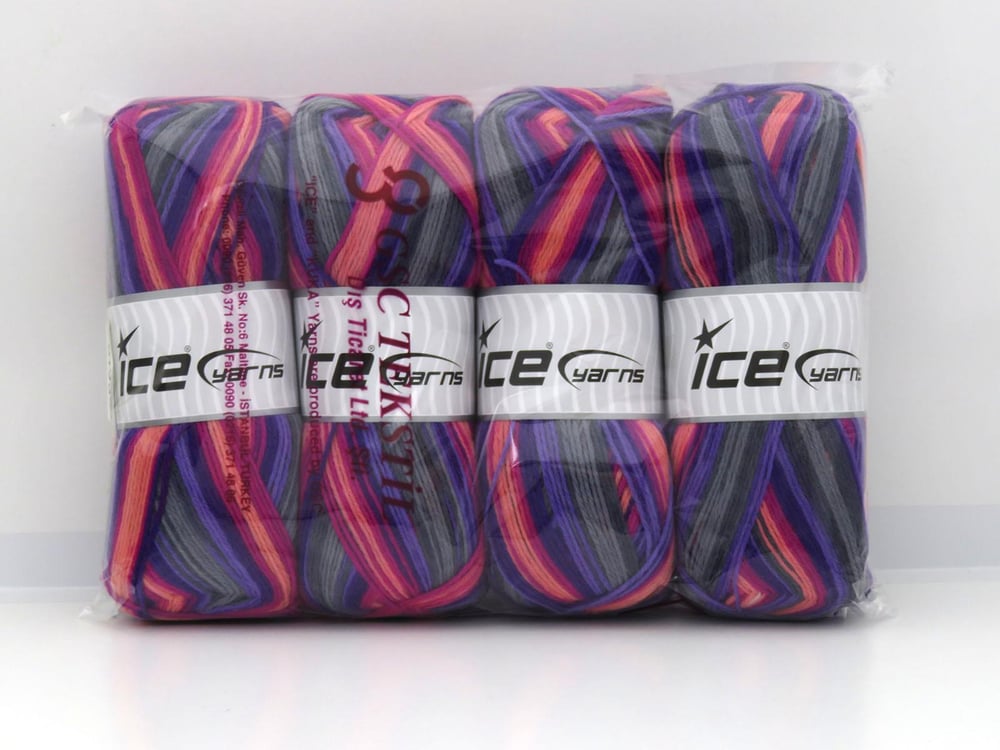 4x100gr. SOCK VARICOLOR Fuşya, Somon, Leylak Tonları, Gri Tonları  Kışlık, Çok İnce, Yün, Batik Desenli, Makina Yıkama