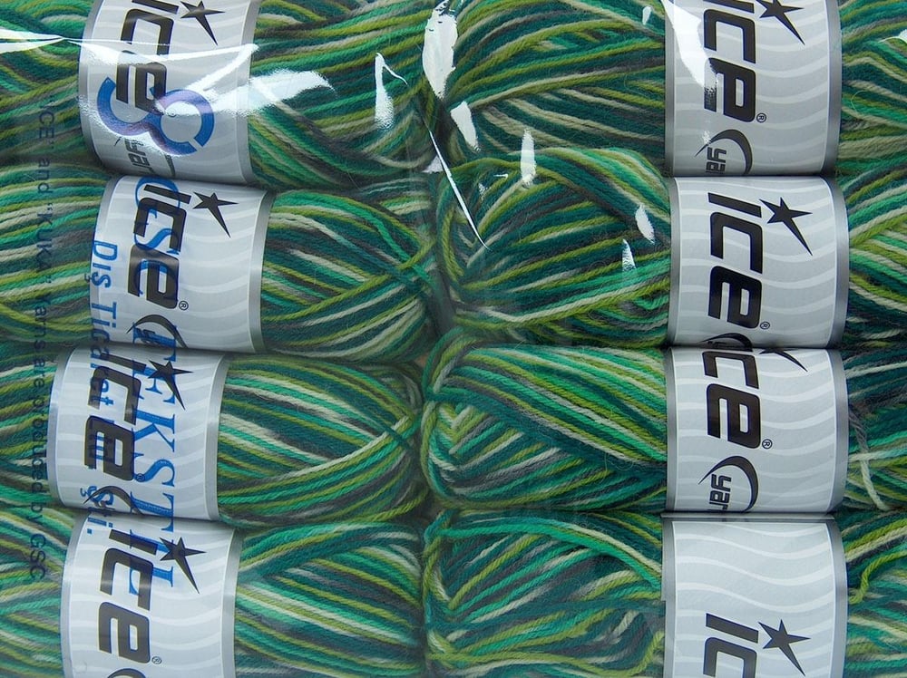 8x50gr. SOCKENWOLLE Krem, Gri, Yeşil Tonları  Kışlık, Çok İnce, Yün, Batik Desenli, Makina Yıkama