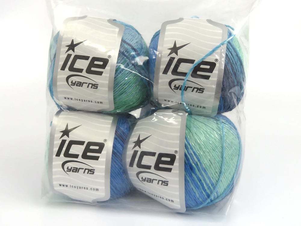 4x100gr. SUMMER COLOR Turkuaz, Mavi Tonları, Nane Yeşil Viskon, Pamuk Viskon, Yazlık İplikler, Pamuk, Batik Desenli