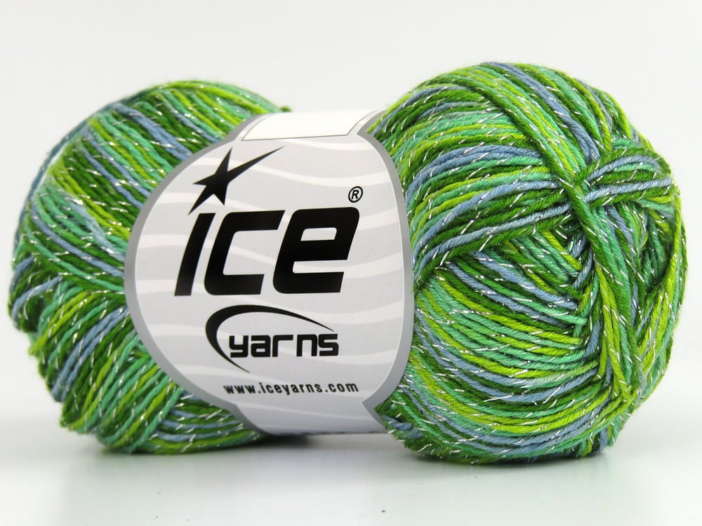 8x50gr. SUMMER ROSE GLITZ Mavi, Yeşil Tonları Metalik Simli, Akrilik Metalik Simli, Yazlık İplikler, Batik Desenli, Akrilik