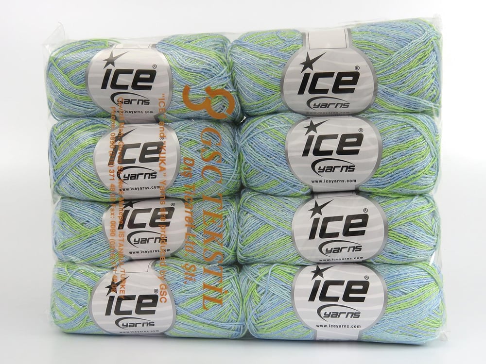 8x50gr. SUMMER ROSE GLITZ Mavi, Yeşil Tonları Metalik Simli, Akrilik Metalik Simli, Yazlık İplikler, Batik Desenli, Akrilik
