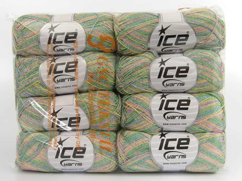 8x50gr. SUMMER ROSE GLITZ Yeşil, Pembe, Sarı Metalik Simli, Akrilik Metalik Simli, Yazlık İplikler, Batik Desenli, Akrilik