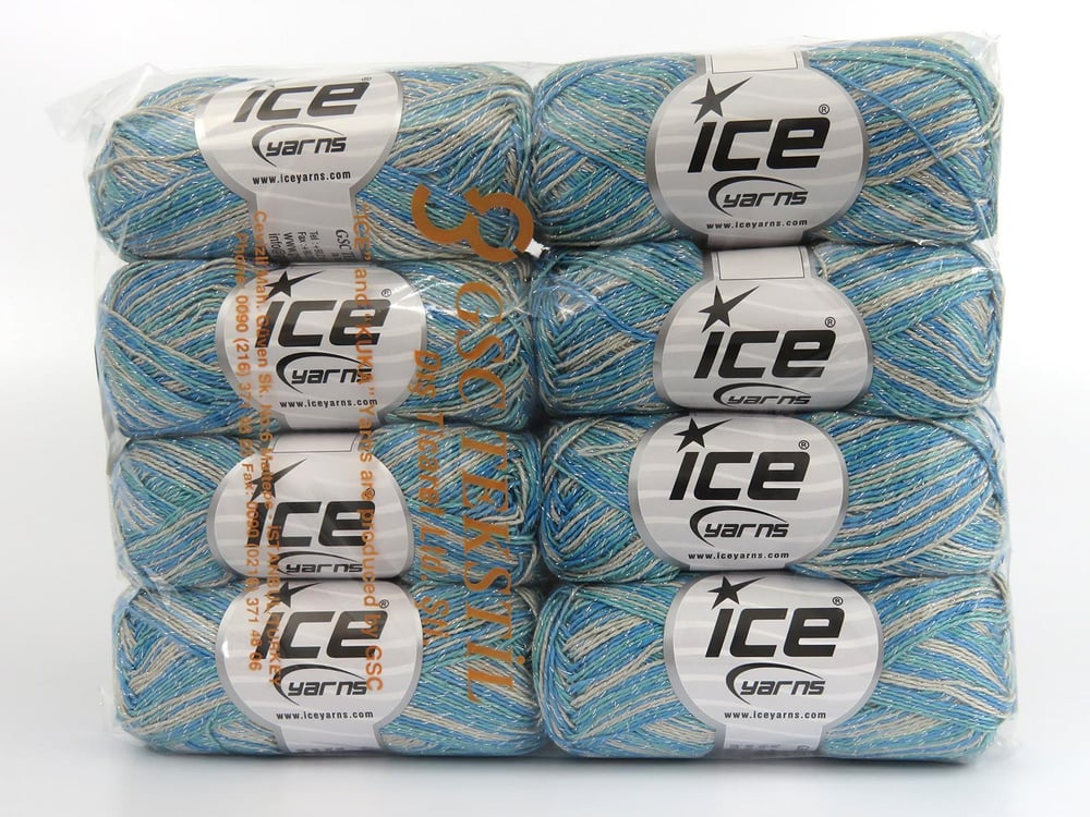 8x50gr. SUMMER ROSE GLITZ Yeşil, Turkuaz, Açık Kamel Metalik Simli, Akrilik Metalik Simli, Yazlık İplikler, Batik Desenli, Akrilik