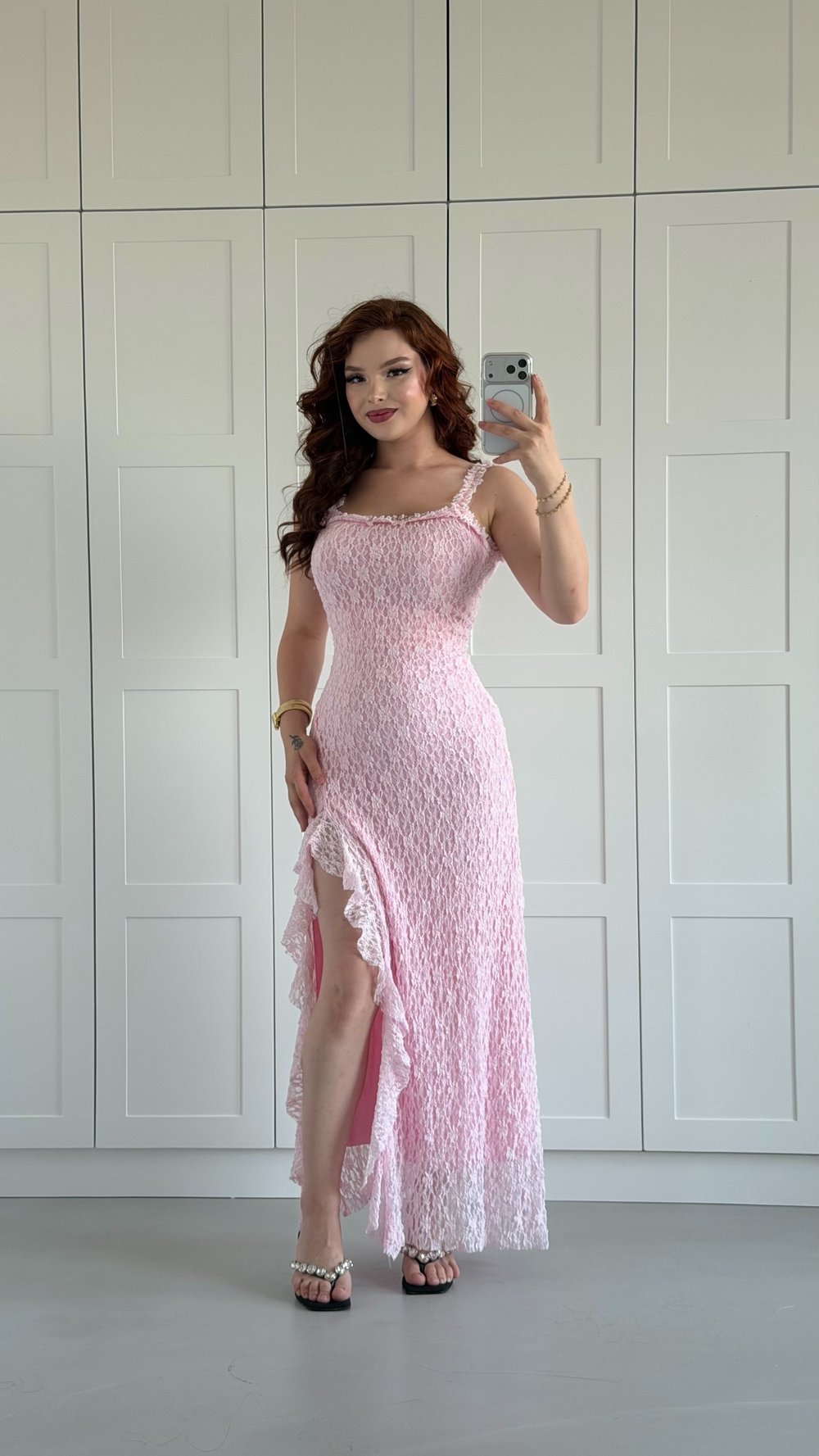 Mami Dantel Yırtmaçlı Elbise Pembe