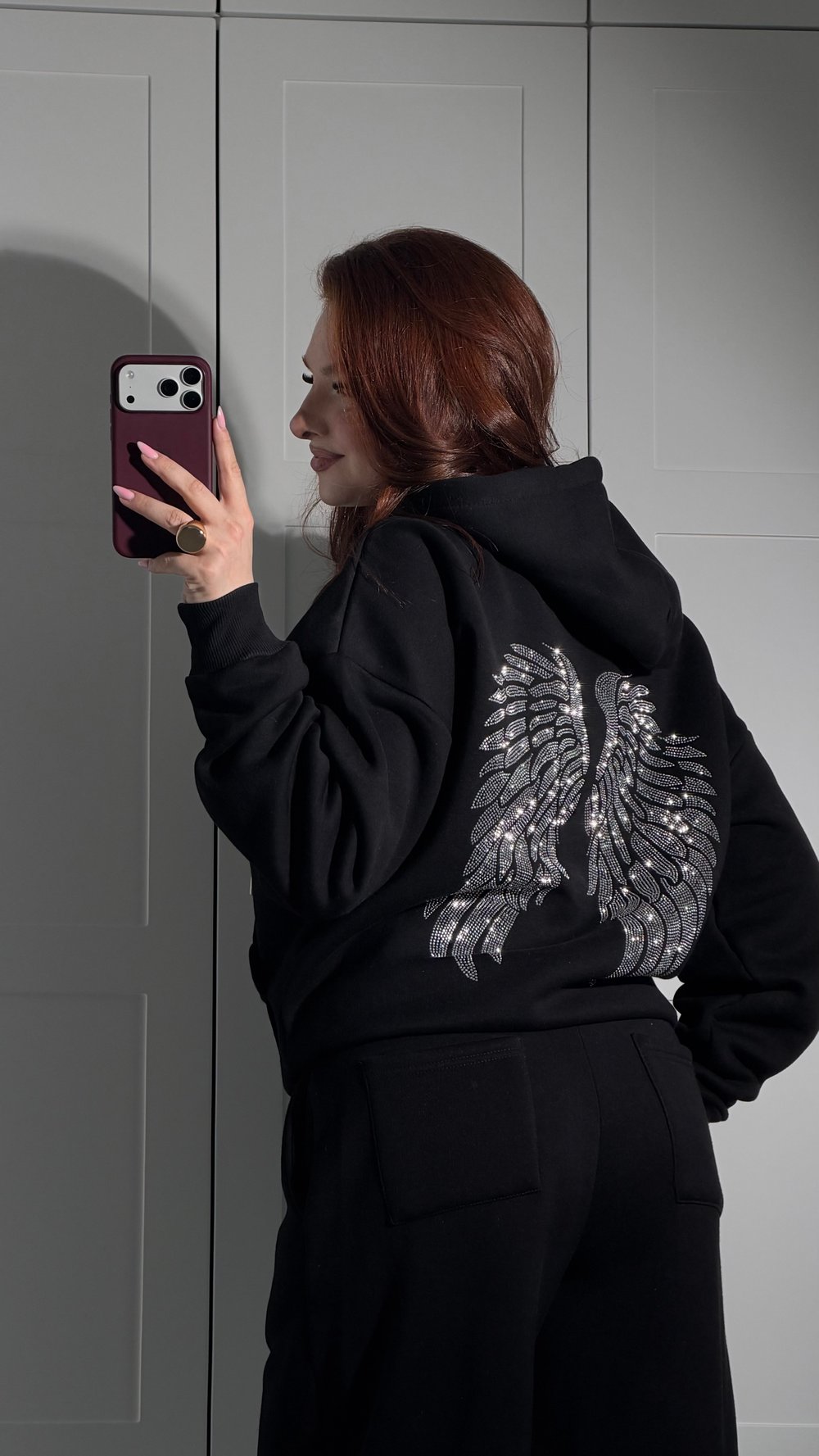 Wings Taşlı Sweatshirt Siyah