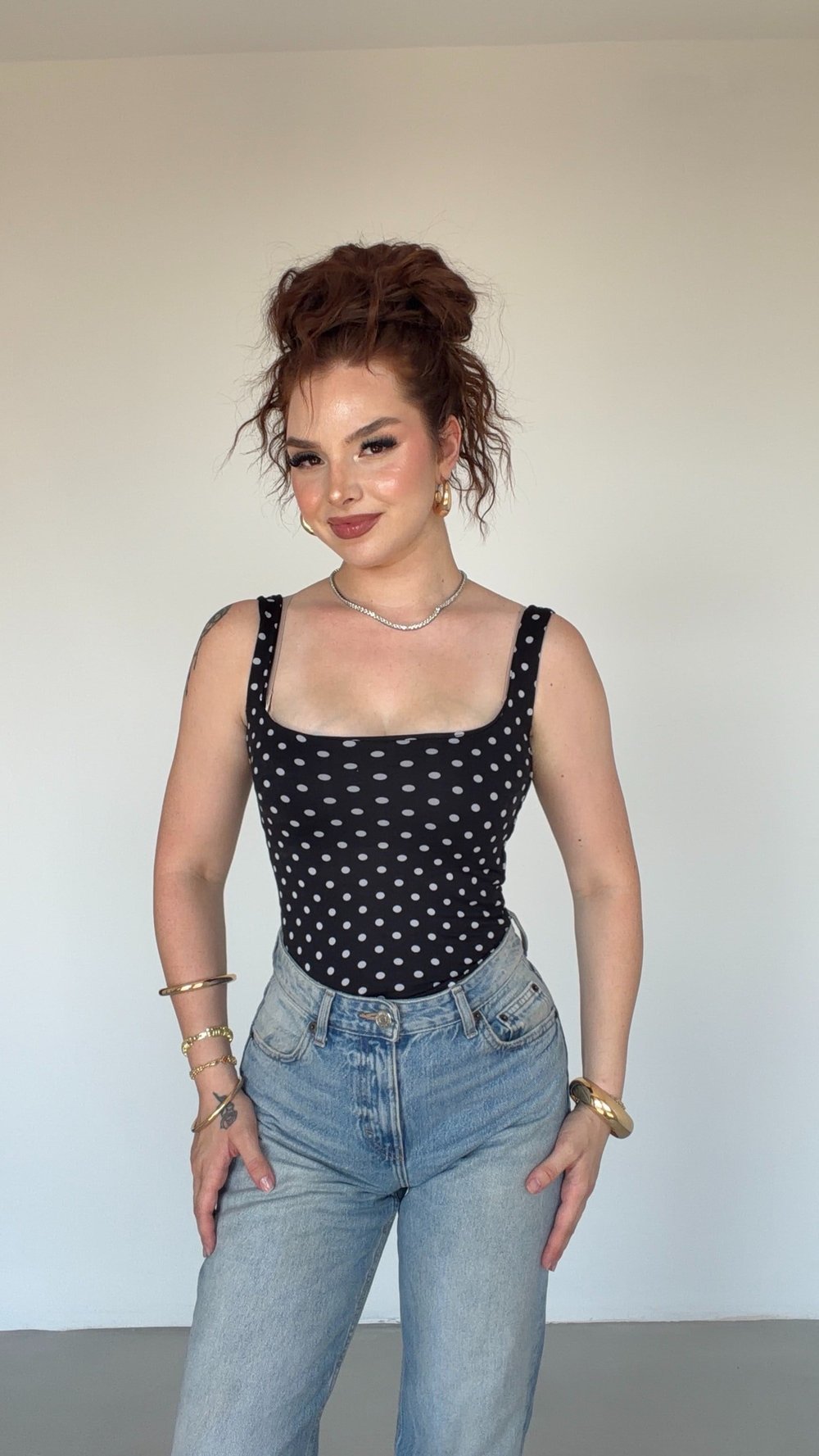 Black Polka Dots Bodysuit With Square Neckline