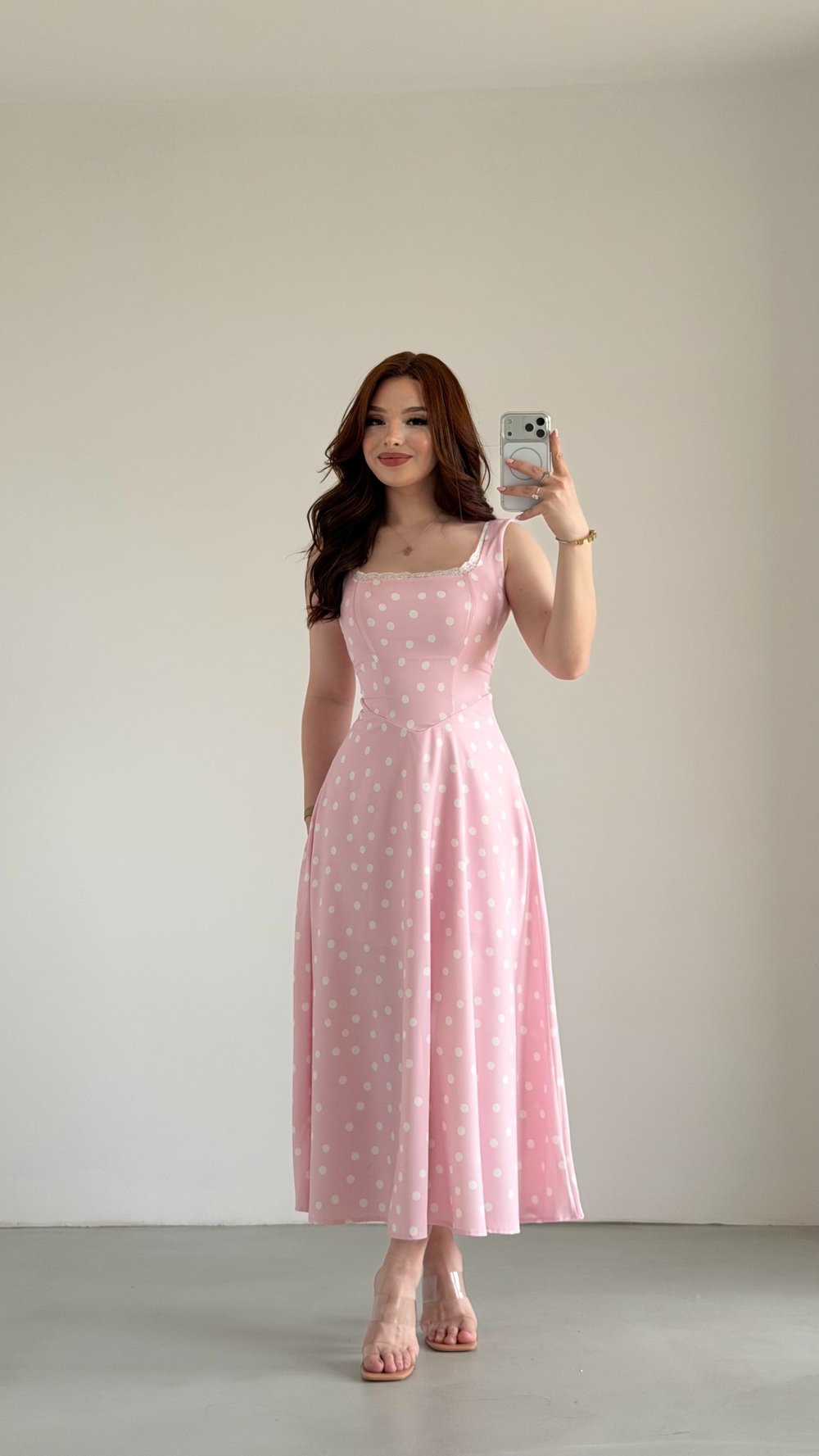 Square Collar Pink Lace Long Dress With Polka Dots