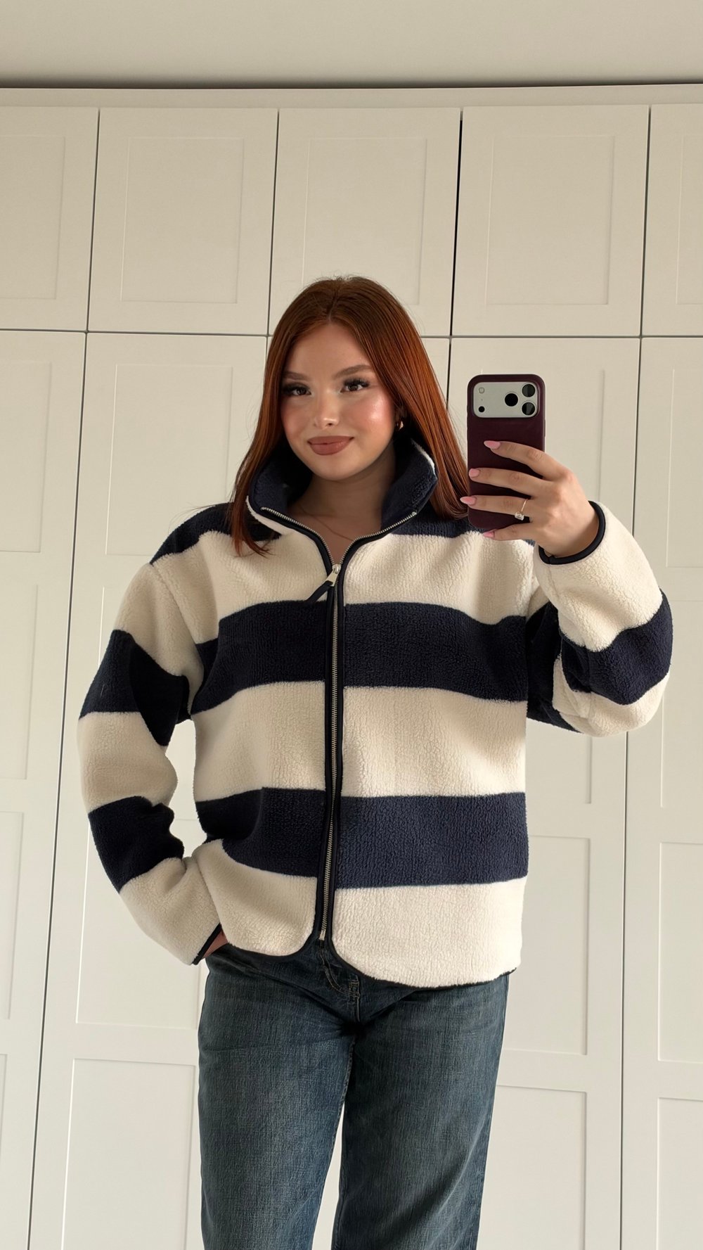 Peluş Oversize Fermuarlı Ceket Çizgili Lacivert
