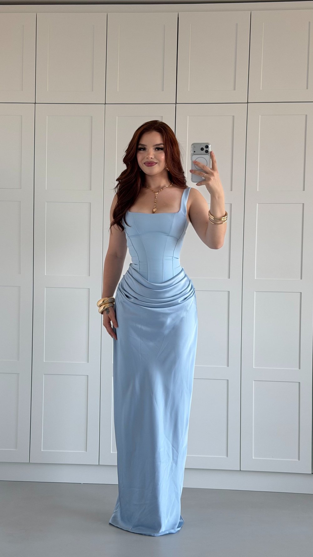Sofia Drape Saten Uzun Elbise Bebe Mavisi