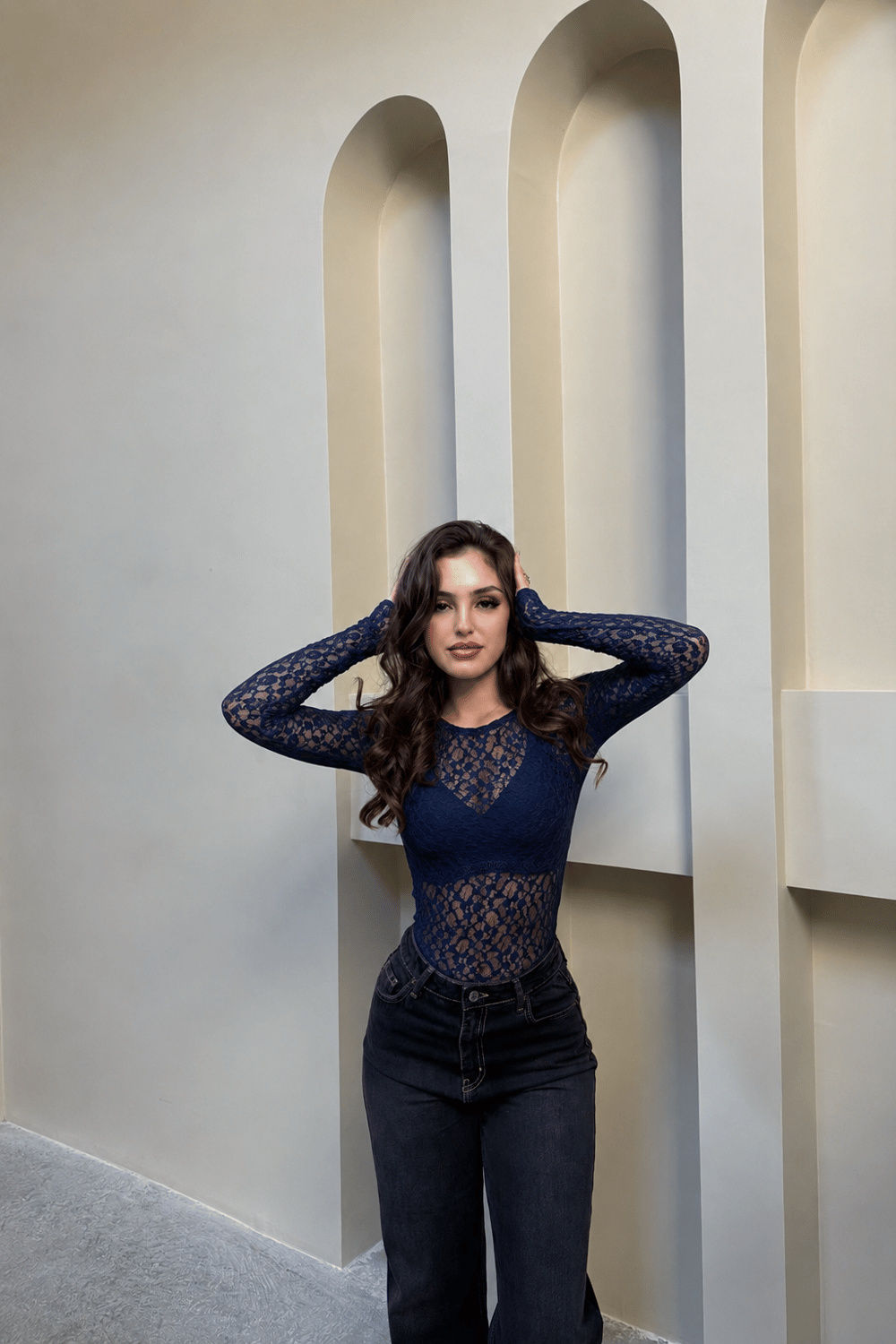 Milie Transparan Dantelli Bluz Lacivert
