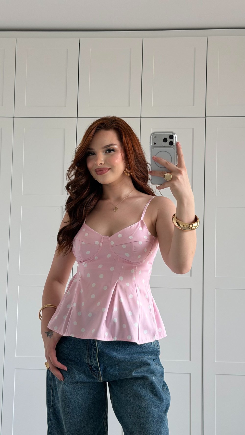 Puantiyeli Askılı Bluz Pembe