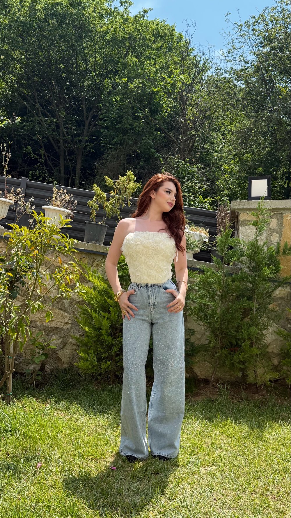 Plazzo Ön Arka Taşlı Pantolon Taşlanmış Mavi