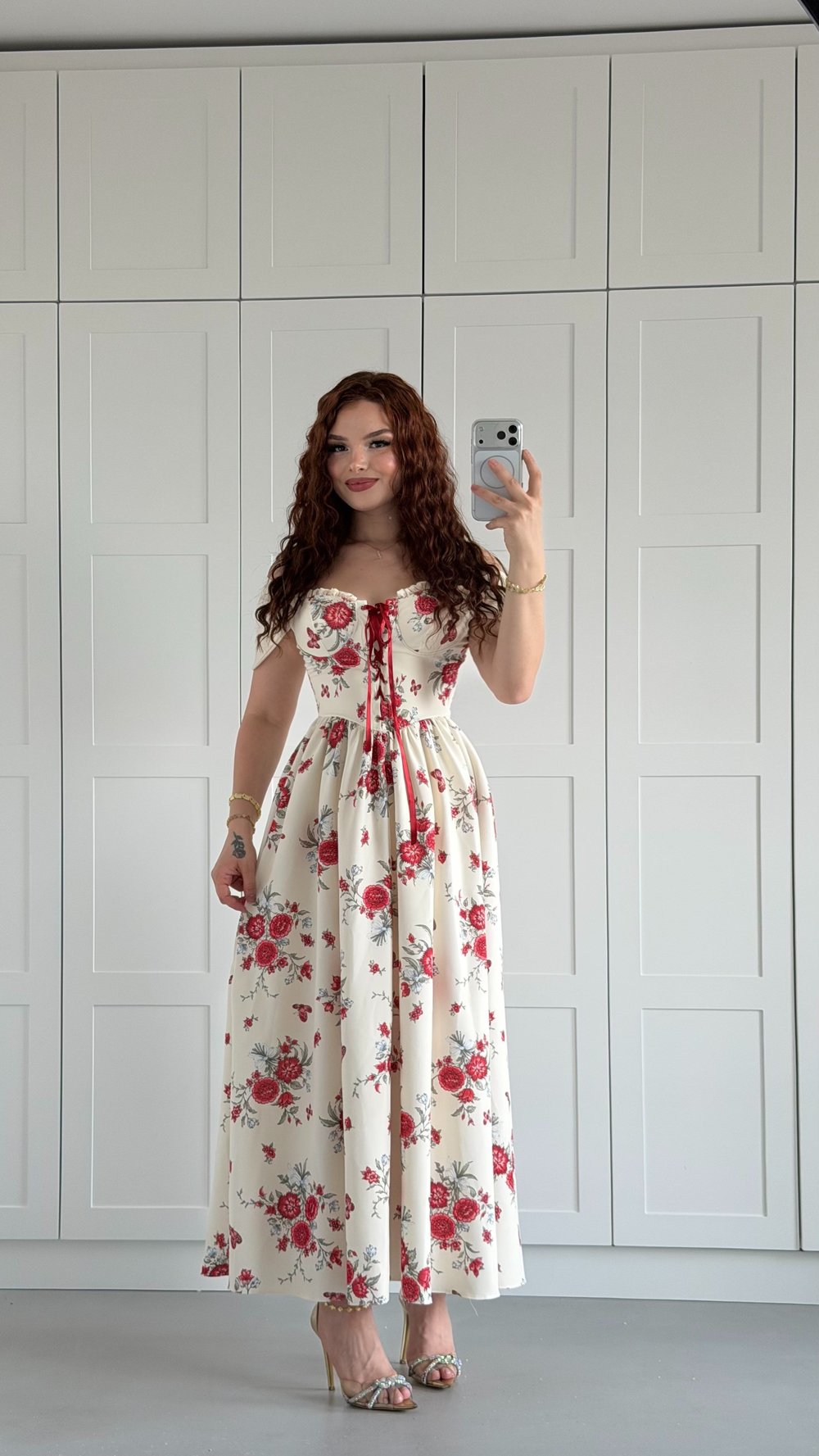 Crimson Flowered Dress Beige