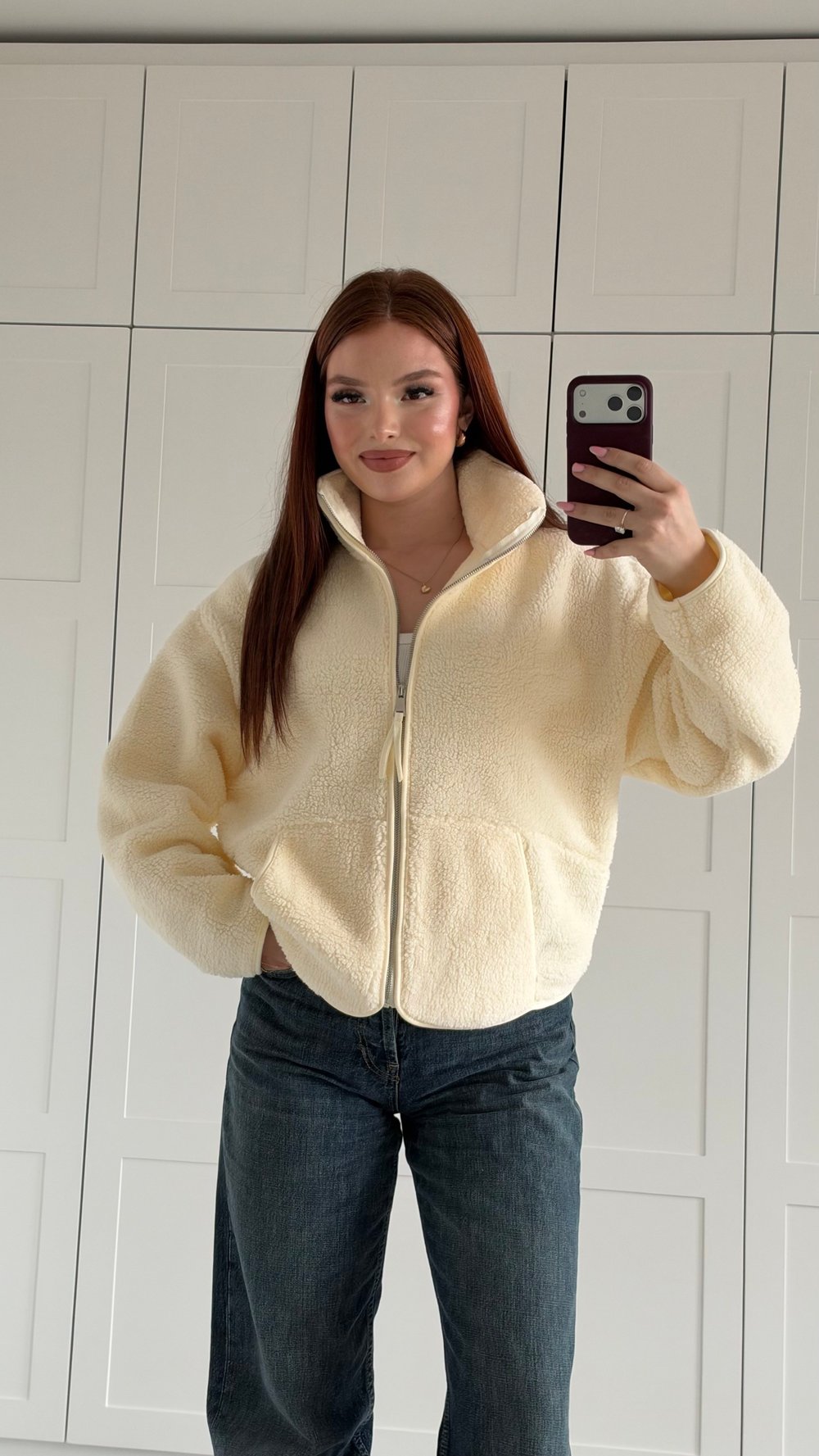 Peluş Oversize Fermuarlı Ceket Beyaz