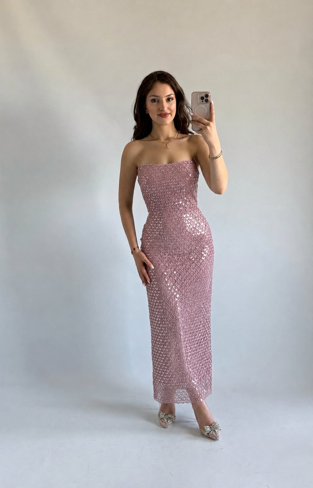 Mermaid Midi Straplez Abiye Pudra