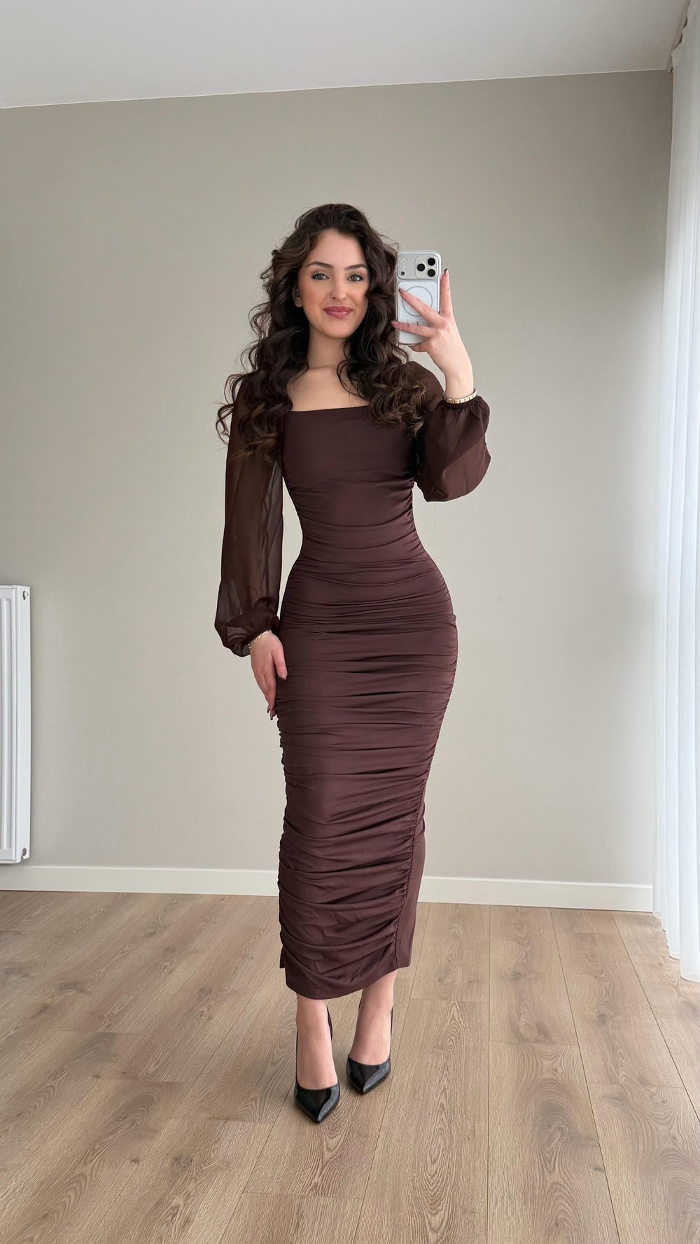 Alessia Kol Transparan Kare Yaka Elbise Kahverengi