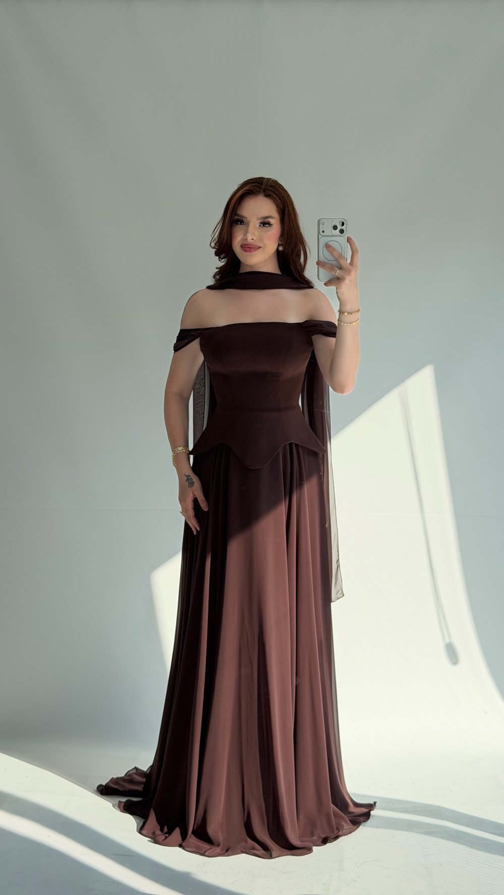 Brown Evening Dress with Scarf Detail