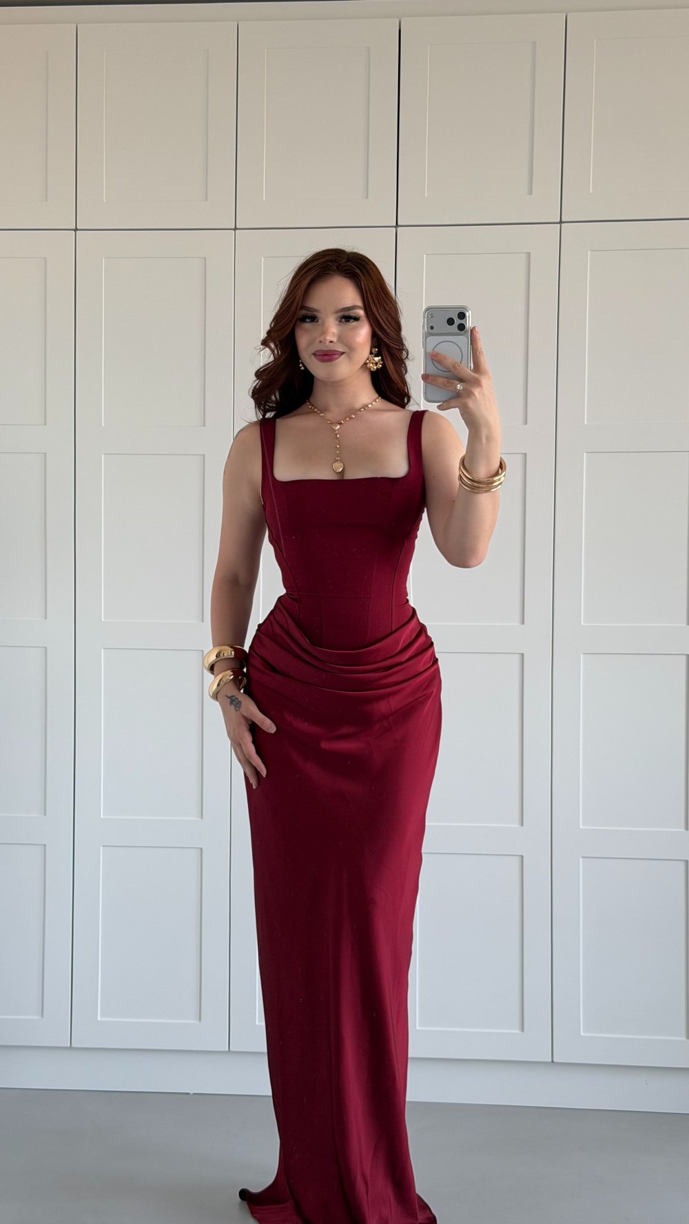 Sofia Burgundy Satin Drape Long Dress