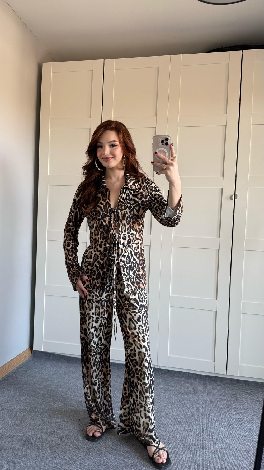 Bağcıklı Gömlek Leopar Takım Kahverengi 