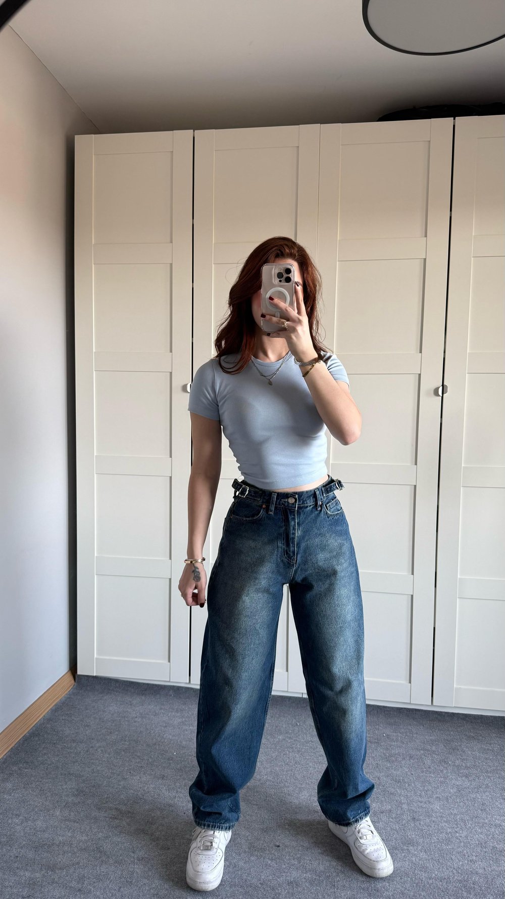 Baggy Viral Jeans Çift Kemer Koyu Mavi