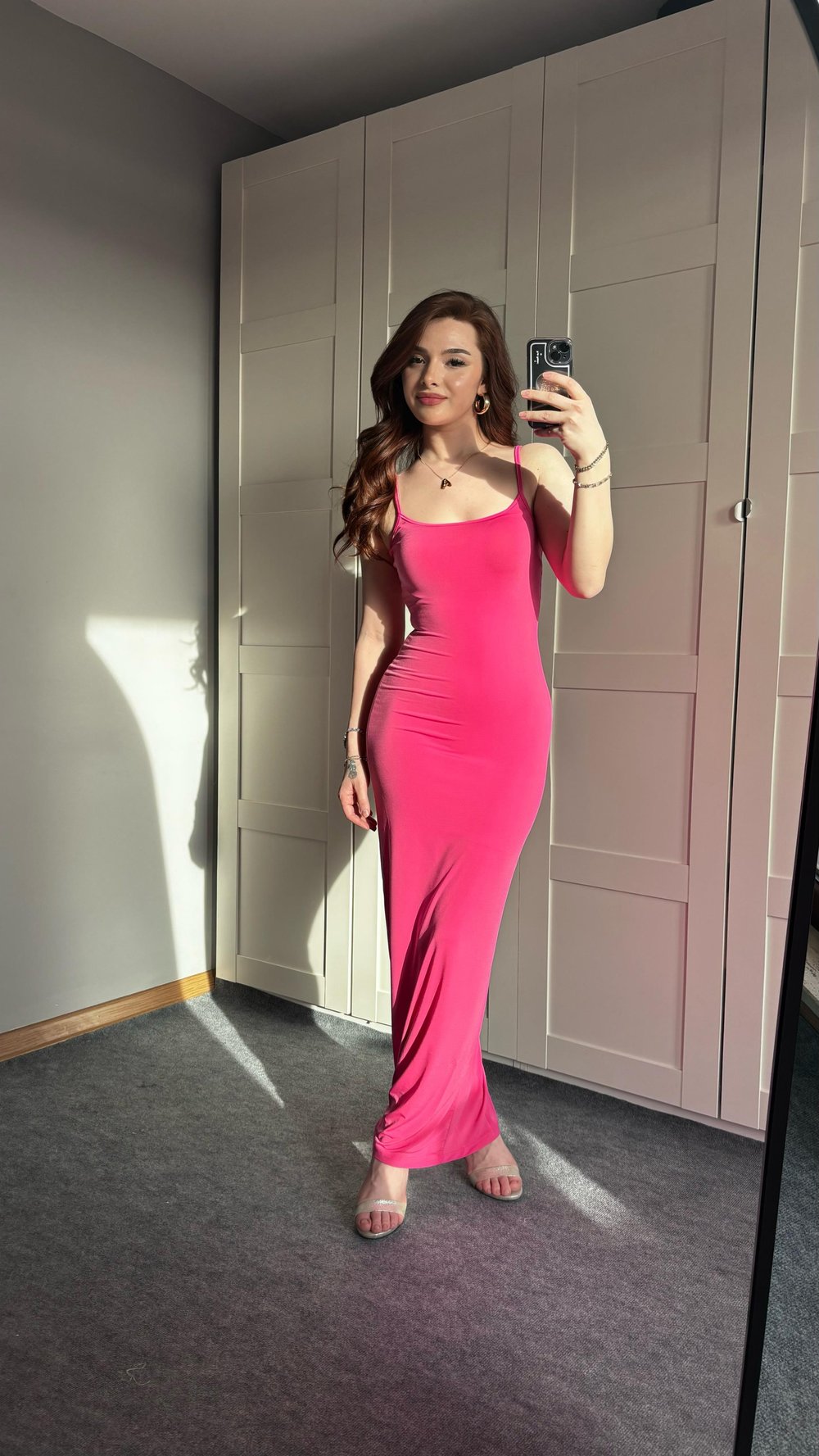 Basıc Askılı Uzun Koyu Pembe Elbise