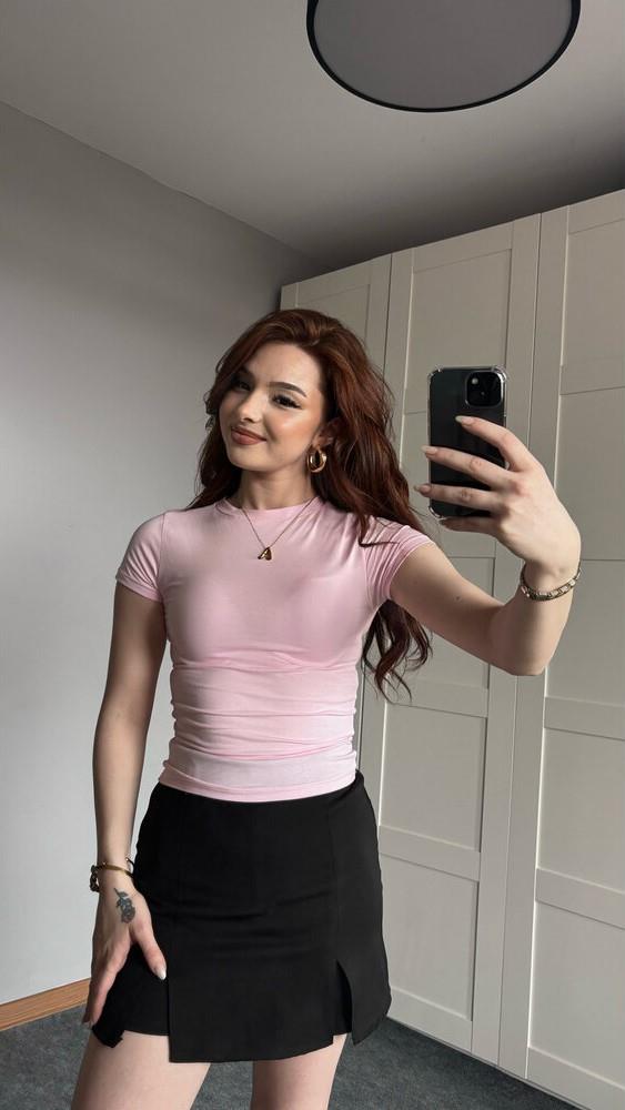 BASIC KISA KOL PEMBE T-SHIRT