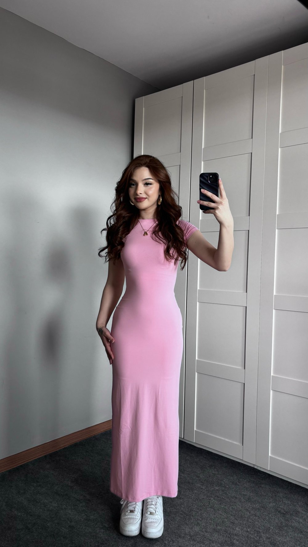 Basıc Kısa Kol Toz Pembe Elbise