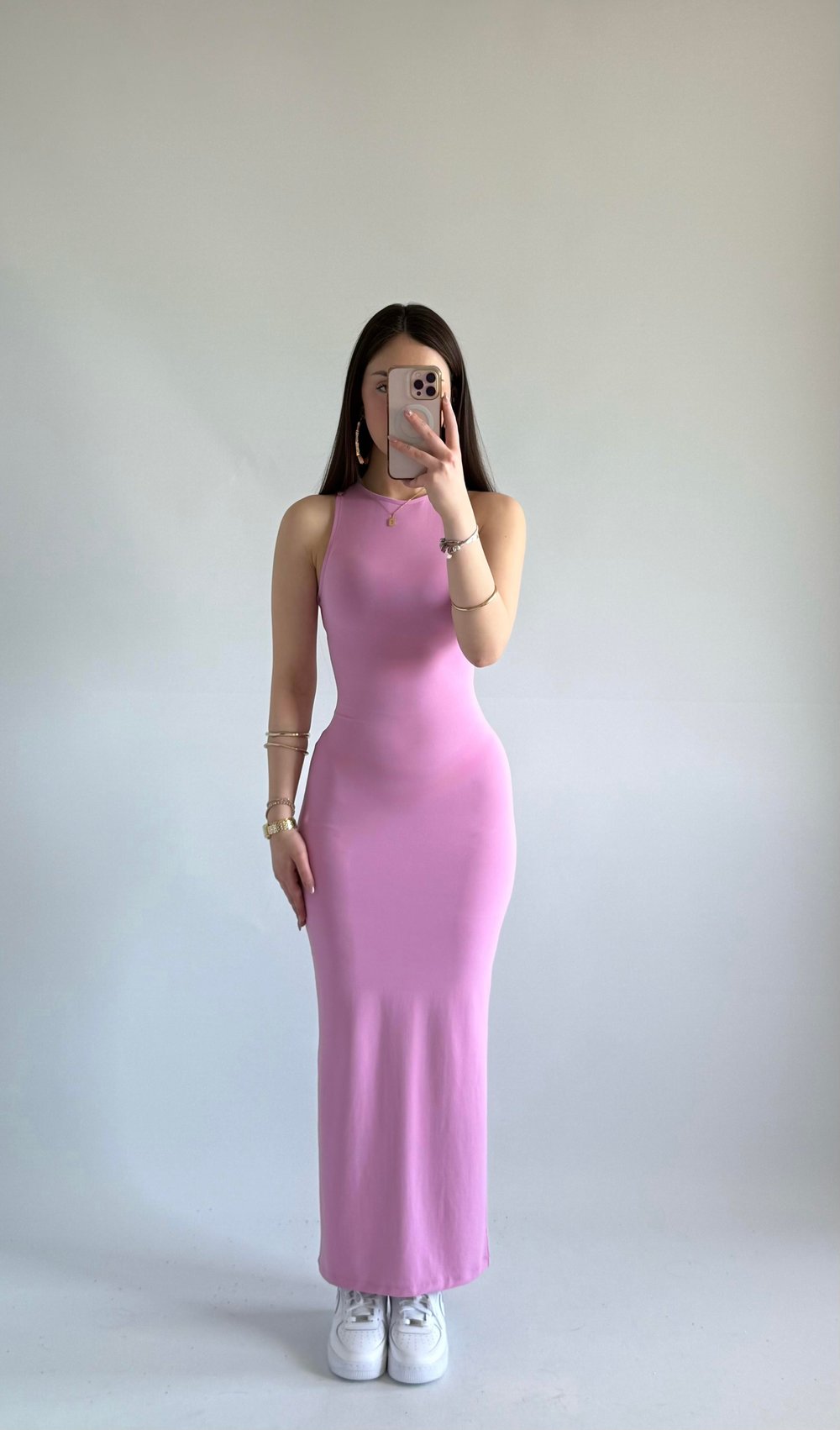 Basıc Sıfır Kol Maxi Elbise Pembe