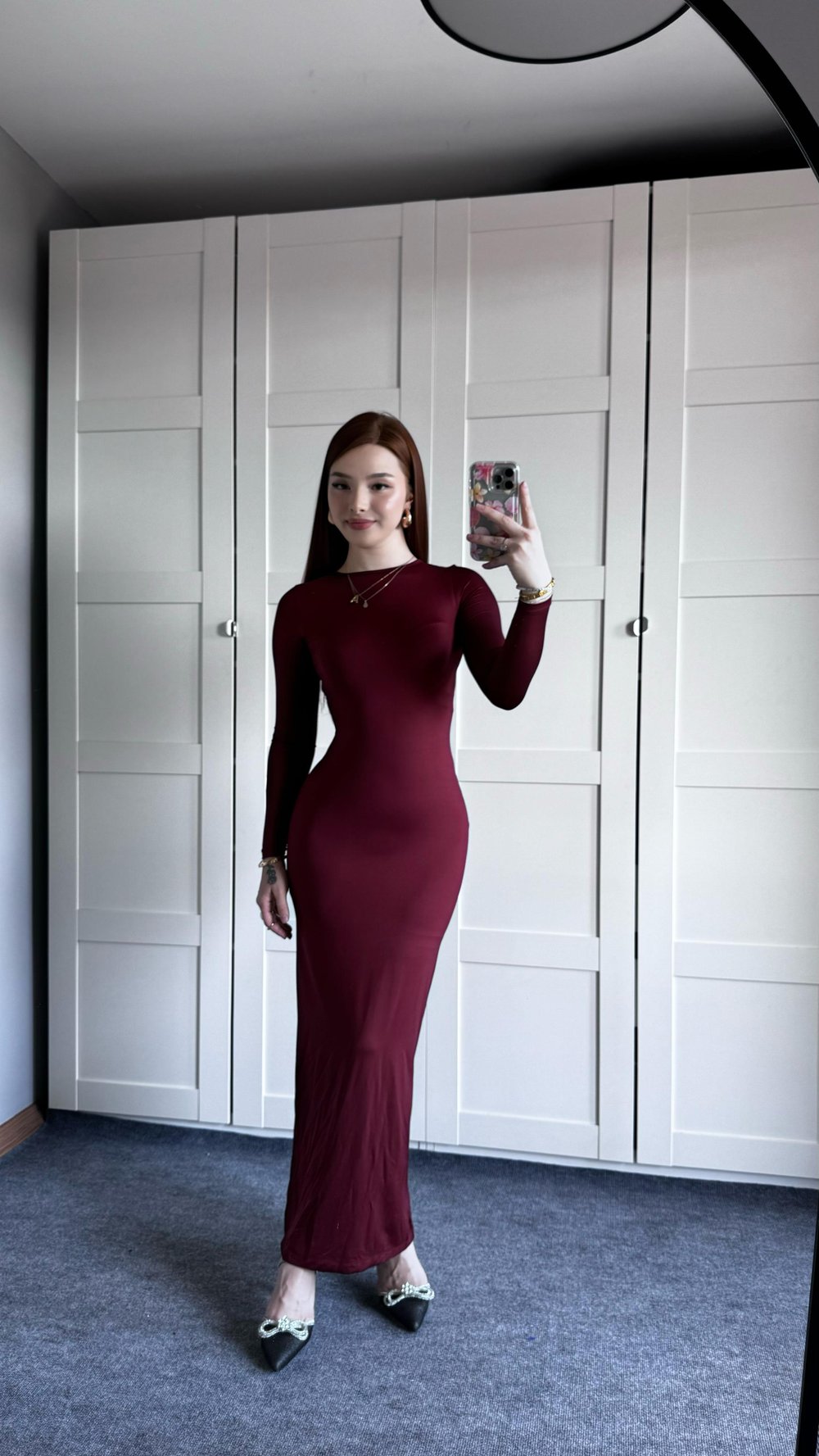 Basıc Uzun Kol Bordo Elbise
