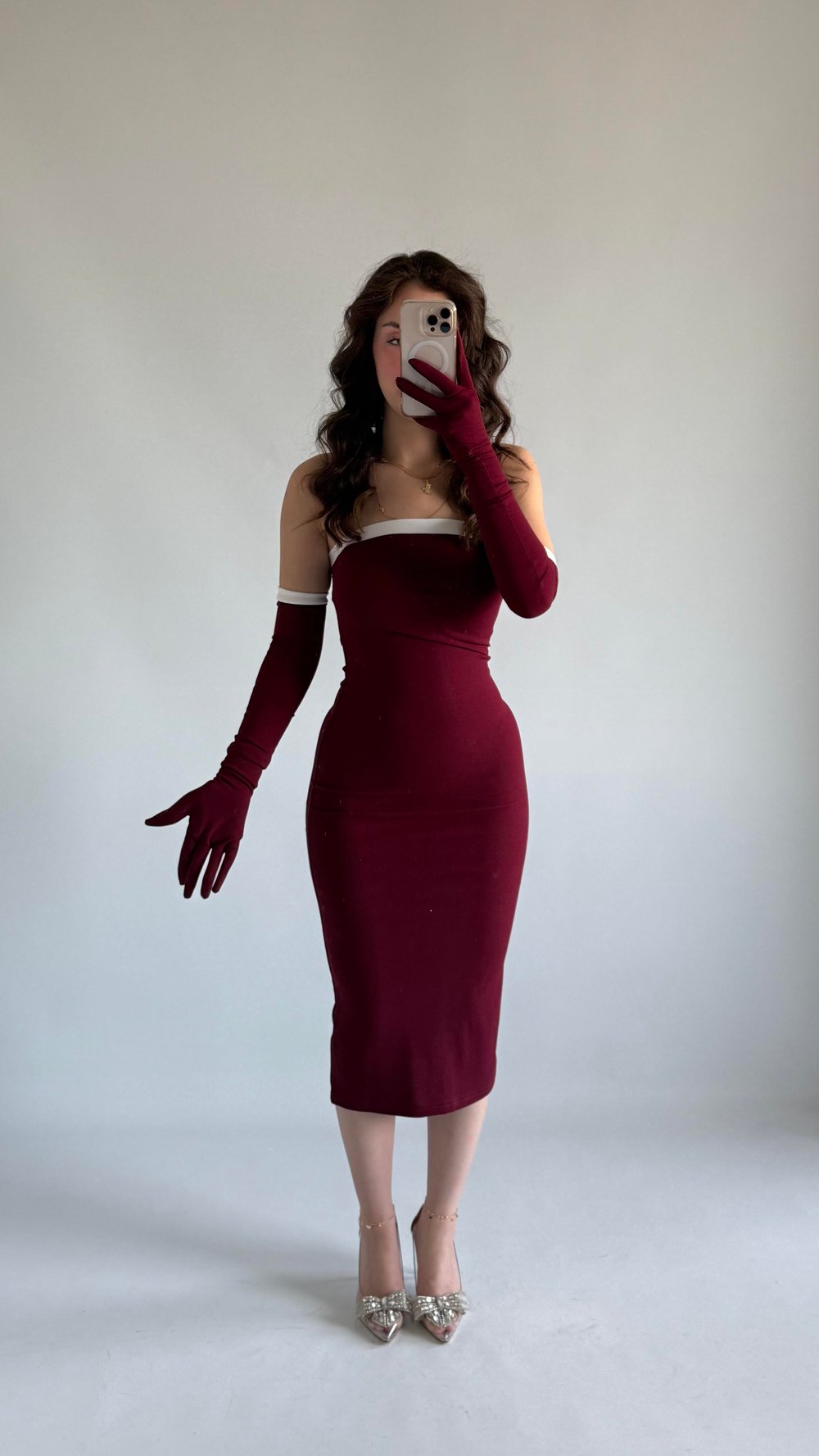 Bordo Straplez Eldivenli Elbise Kampanya