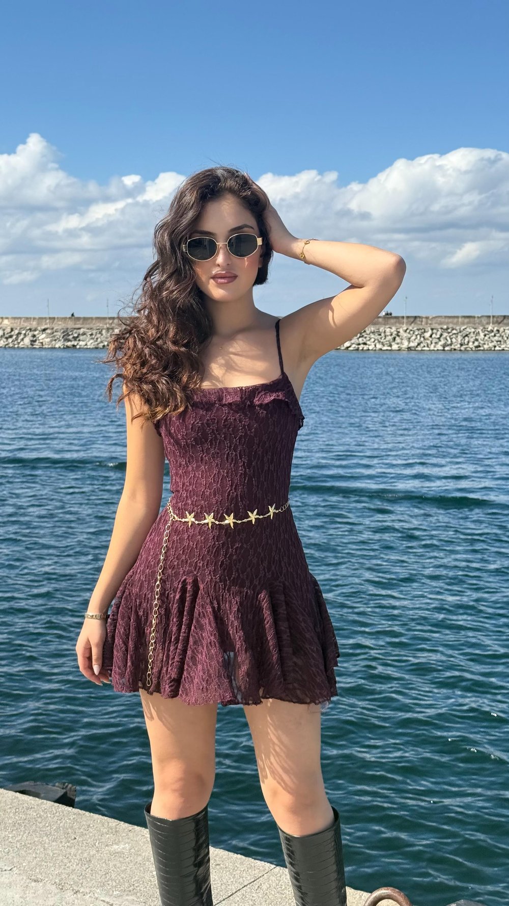 Caroline Dantel Mini Elbise Mürdüm
