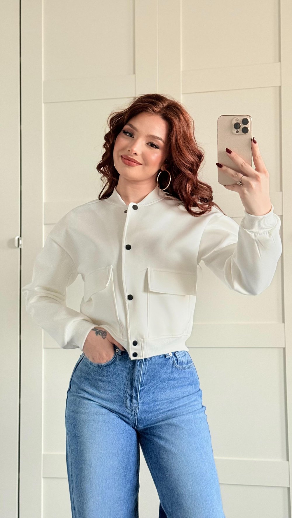 Çıtçıtlı Cepli Ceket Beyaz