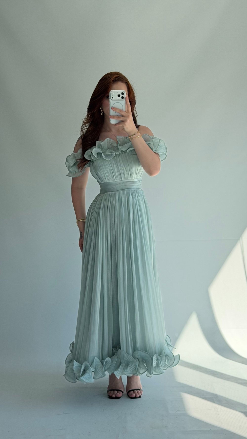 Alina Sea-Green Ruffled Evening Dress