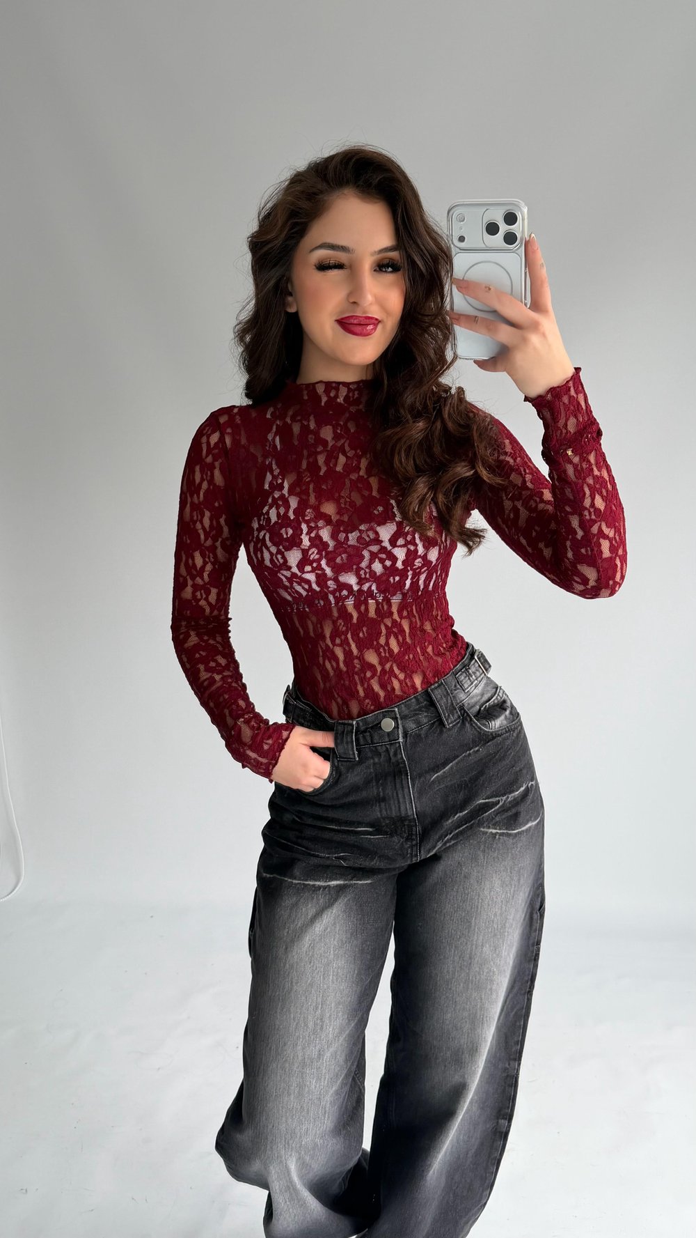 Dantel Balıkçı Transparan Bluz Bordo