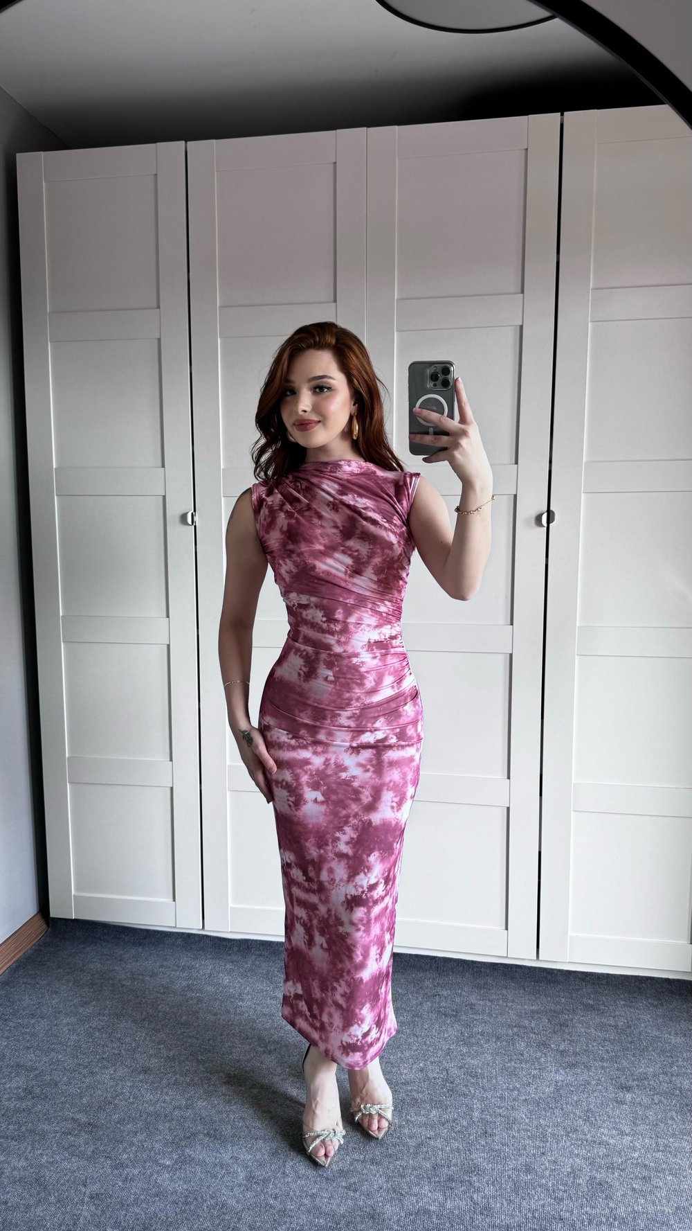 Drapeli Sıfır Kol Batik Pembe Elbise
