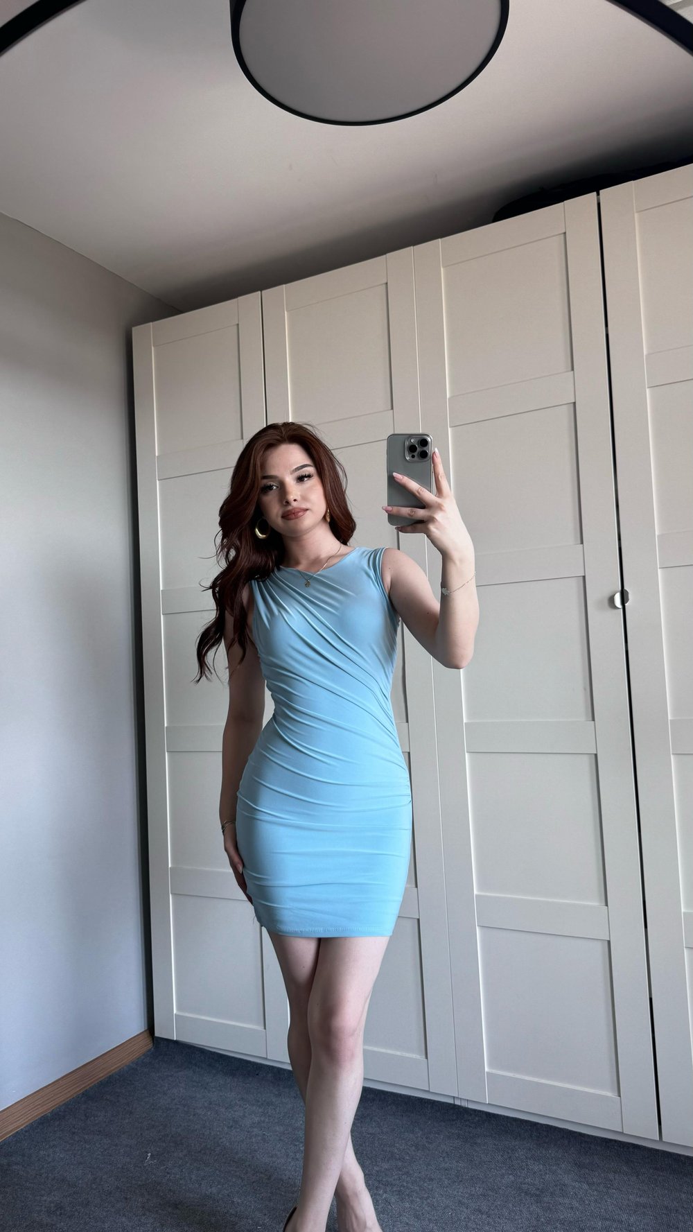 Drapeli Sıfır Kol Mini Bebe Mavisi Elbise 