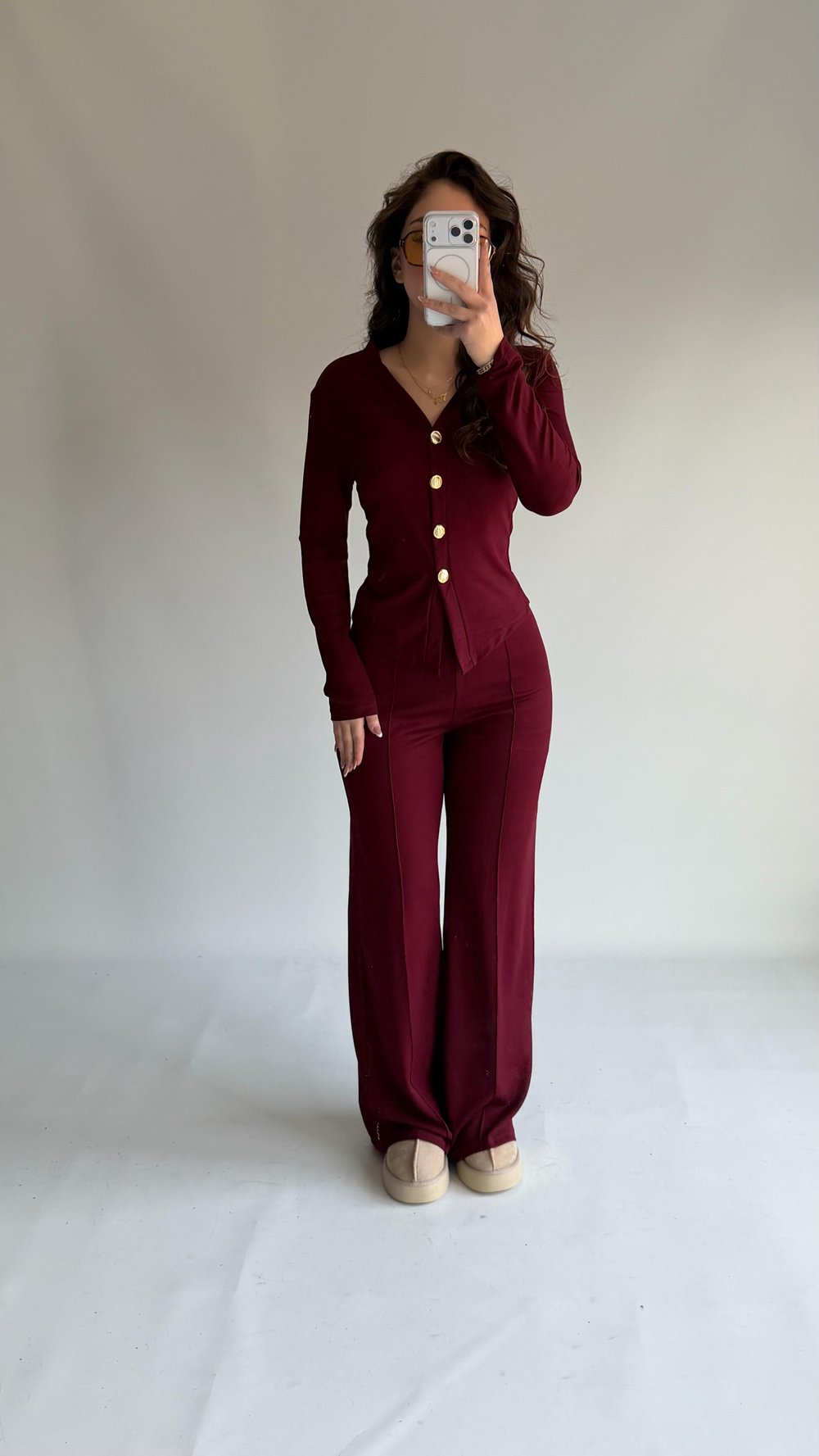 Düğmeli Premium Fitilli Takım Bordo