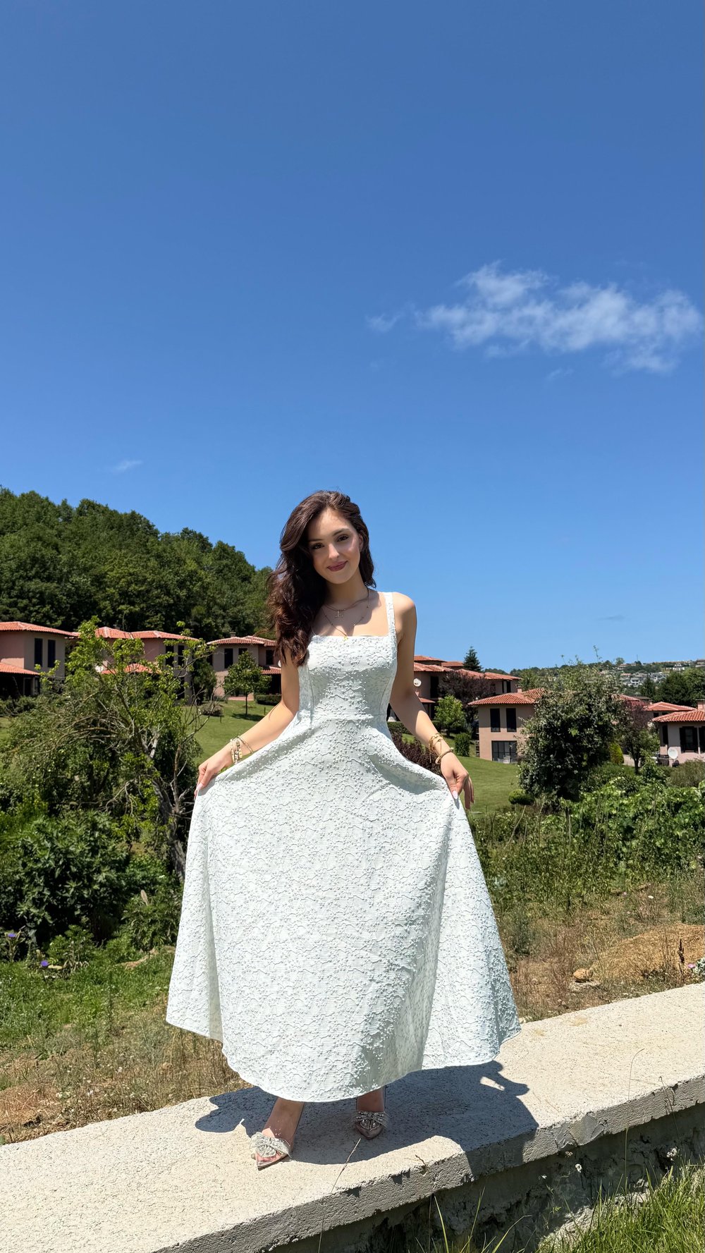 Esila Kare Yaka Simli Elbise Mavi